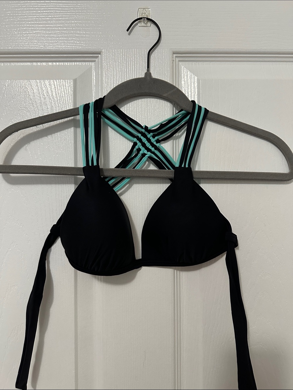 Black Bikini Top with Blue Strappy Back Detail